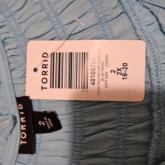 Torrid Womens Plus Gauze Smocked Yoke Ruffle Neck Tie Top Blue Topaz 2X 18-20 - Picture 7 of 14